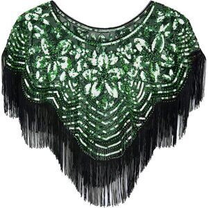 Women's Black Green 1920s Shawl Sequin Beaded Art Evening Cape Tassel Shawls